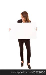Beautiful young woman holding a white card - isolated over white