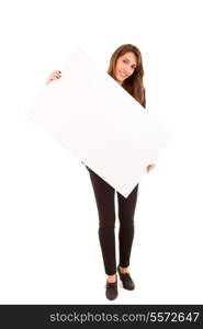 Beautiful young woman holding a white card - isolated over white