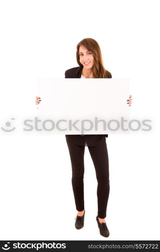 Beautiful young woman holding a white card - isolated over white