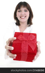 Beautiful young woman holding red gift box.