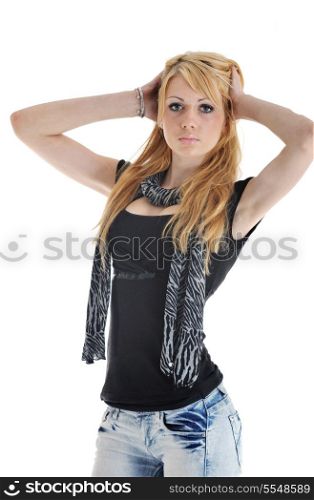 beautiful young woman in fashion clothes isolated on white background