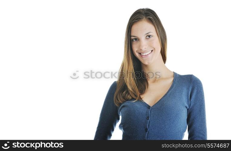 beautiful young woman in fashion clothes isolated on white background