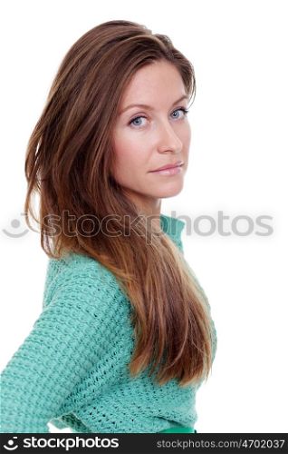 beautiful young woman in green sweater