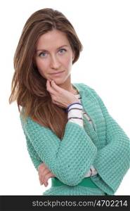 beautiful young woman in green sweater