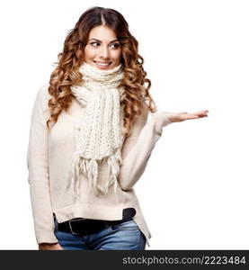 Beautiful young woman in knitted wool sweater smiling isolated on white. Beautiful young woman in knitted wool sweater smiling