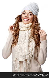 Beautiful young woman in knitted wool sweater smiling isolated on white. Beautiful young woman in knitted wool sweater smiling