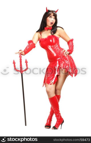 Beautiful Young Woman in Sexy Red Costume of the Hell Devil is Going to Halloween or Carnival Party