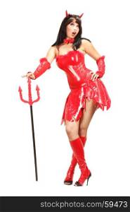 Beautiful Young Woman in Sexy Red Costume of the Hell Devil is Going to Halloween or Carnival Party