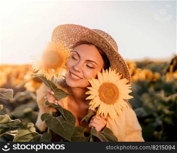 Beautiful young woman in straw hat posing with sunflowers. Blooming field. Happy smiling girl. Trendy outfit, vintage retro style. High quality photo. Beautiful young woman in straw hat posing with sunflowers. Blooming field. Happy smiling girl. Trendy outfit, vintage retro style