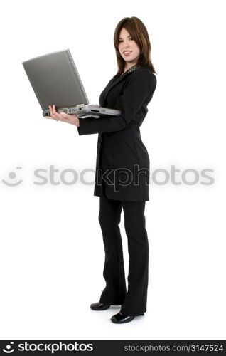 Beautiful young woman in suit with laptop computer. Standing over white background.