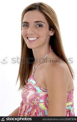 Beautiful Young Woman In Summer Shirt Over White Background.