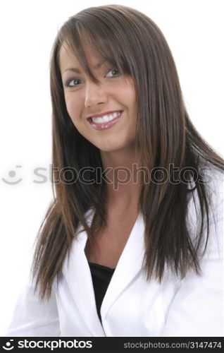Beautiful Young Woman In White Suit. Fantstic teeth and smile.