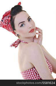 beautiful young woman isolated on white in studio in old fashion clothes representing pinup and retro style