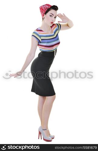 beautiful young woman isolated on white in studio in old fashion clothes representing pinup and retro style