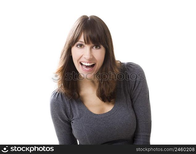 Beautiful young woman laughing, isolated on a white background