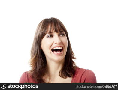 Beautiful young woman laughing, isolated on a white background