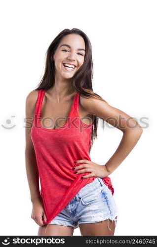 Beautiful young woman laughing, isolated over white background
