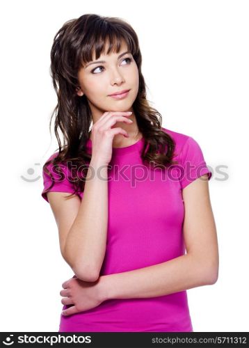 Beautiful young woman looking size in thoughtful and dreaming - white background