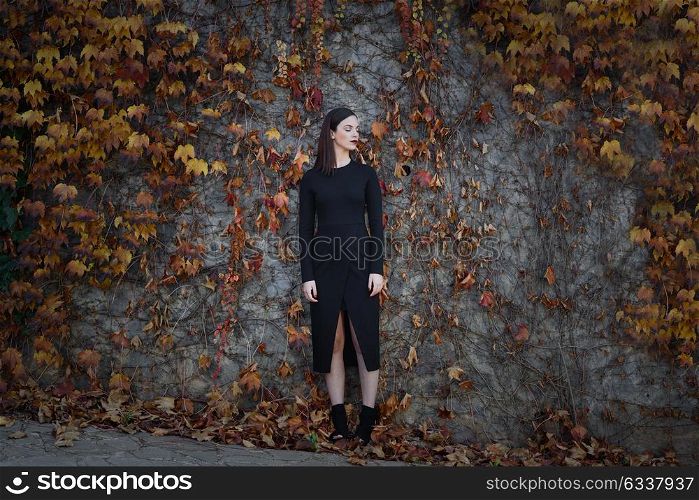 Beautiful young woman, model of fashion, on wall full of autumn leaves, with eyes closed. Fine art photograph
