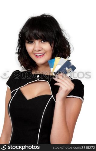Beautiful young woman on a shopping spree with credit and debit cards