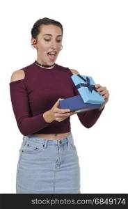 Beautiful young woman opening a gift or present. Balloons