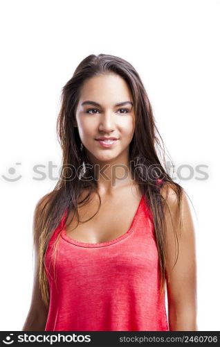 Beautiful young woman over a white background