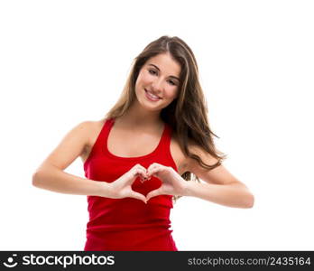 Beautiful young woman over a white background doing a heart shape with her hands