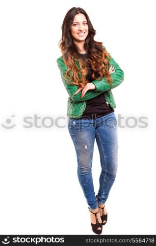 Beautiful young woman posing isolated over white background