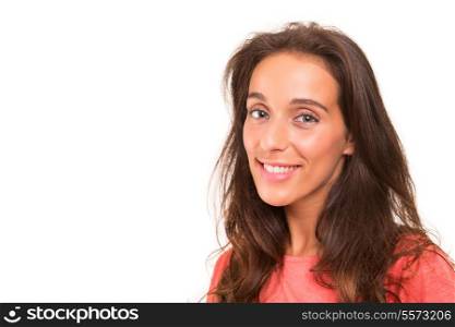 Beautiful young woman posing isolated over white background