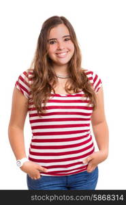 Beautiful young woman posing isolated over white background