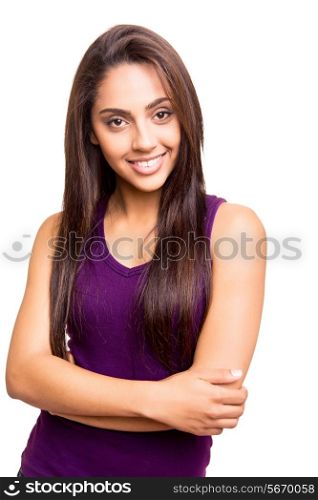 Beautiful young woman posing over white background