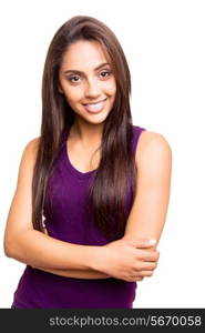 Beautiful young woman posing over white background