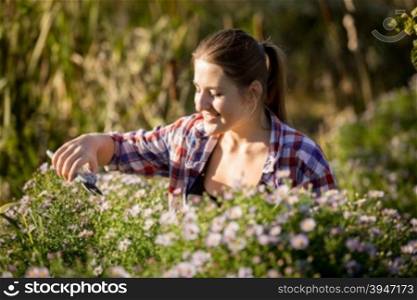 Beautiful young woman pruning flowers with garden scissors