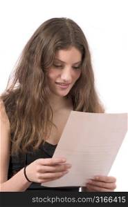 Beautiful young woman reading the mail with a happy face