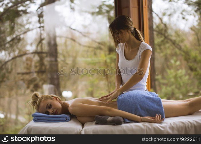 Beautiful young woman relaxing with hand massage at beauty spa