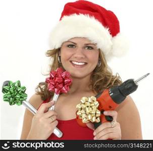 Beautiful young woman selling tools for Christmas.