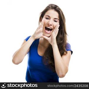 Beautiful young woman shouting, isolated over a white background