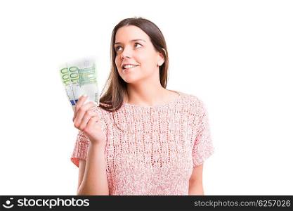 Beautiful young woman showing some banknotes