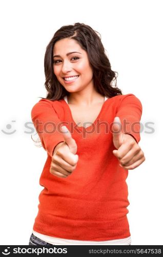 Beautiful young woman showing thumbs up