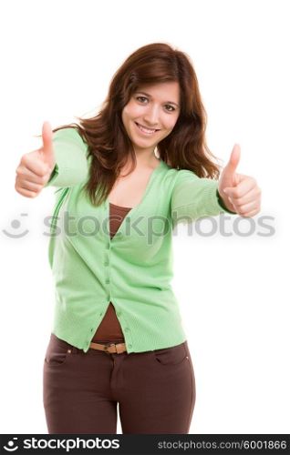 Beautiful young woman signaling ok, isolated over copy space background