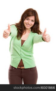 Beautiful young woman signaling ok, isolated over copy space background