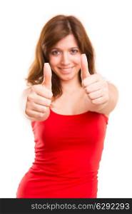 Beautiful young woman signaling ok, isolated over copy space background