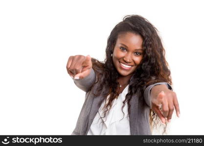 Beautiful young woman signaling ok, isolated over white