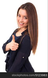 Beautiful young woman signaling ok, isolated over white