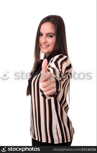 Beautiful young woman signaling ok, isolated over white