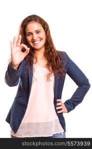 Beautiful young woman signaling ok, isolated over white