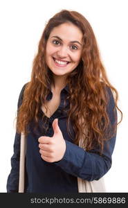 Beautiful young woman signaling ok, isolated over white