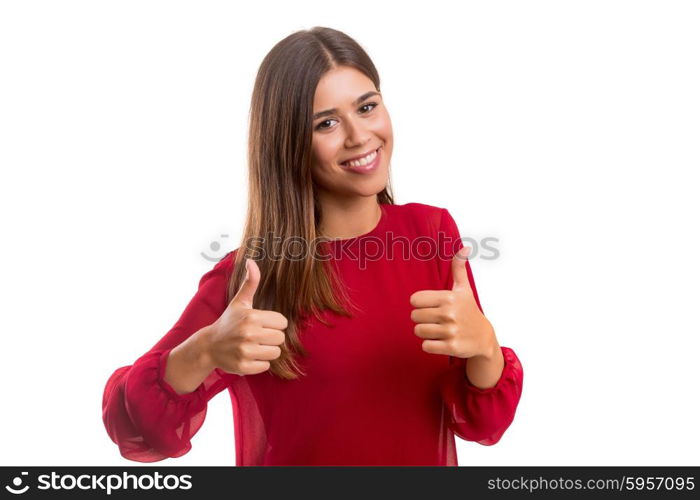 Beautiful young woman signaling ok, isolated over white