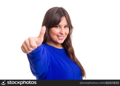 Beautiful young woman signaling ok, isolated over white