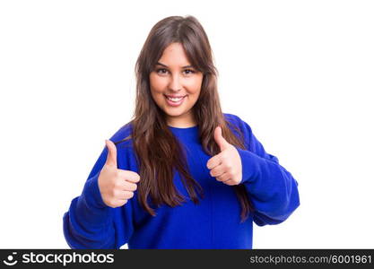 Beautiful young woman signaling ok, isolated over white